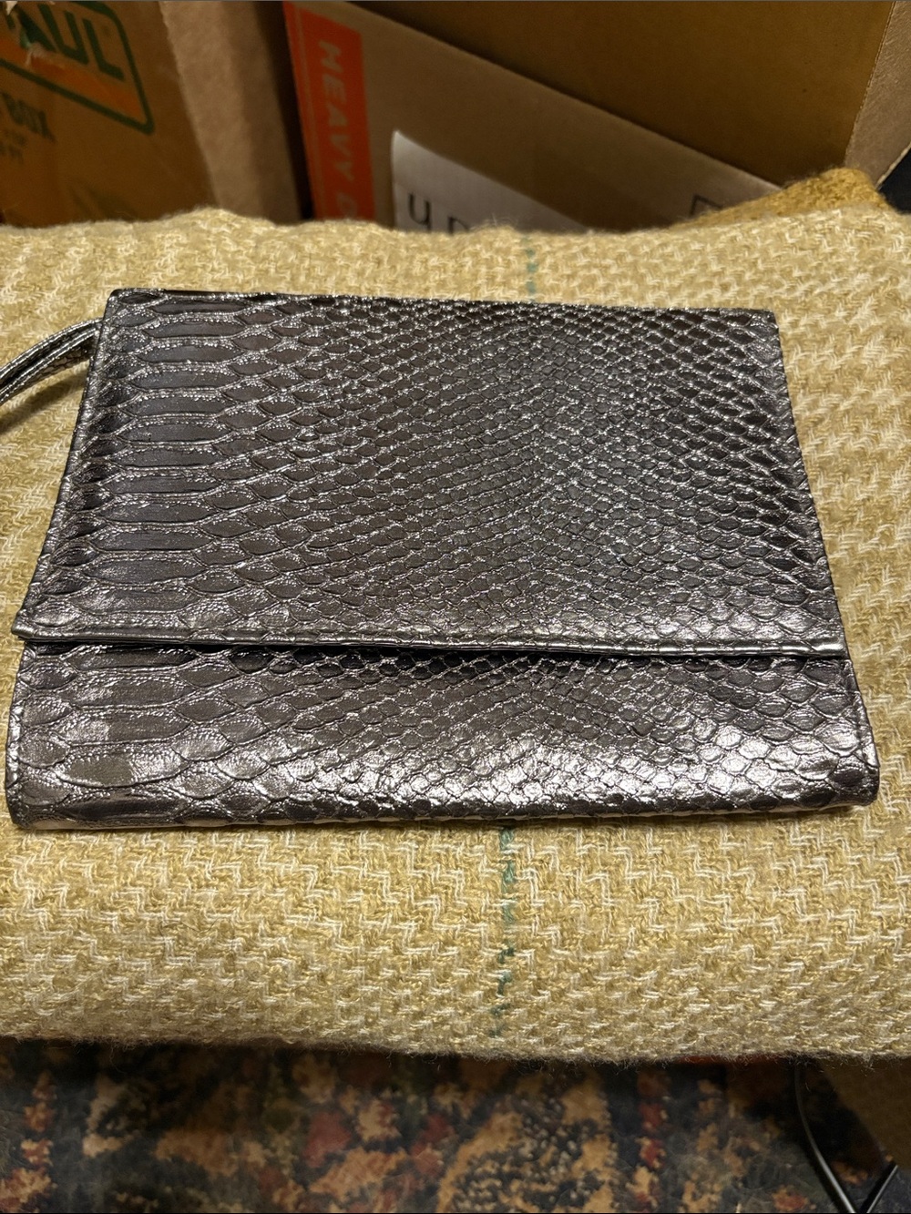 Neiman Marcus Black Snake-Embossed Wristlet Clutch